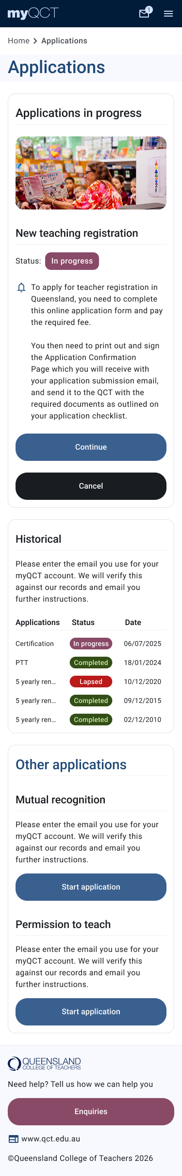 Applications (in progress) screen